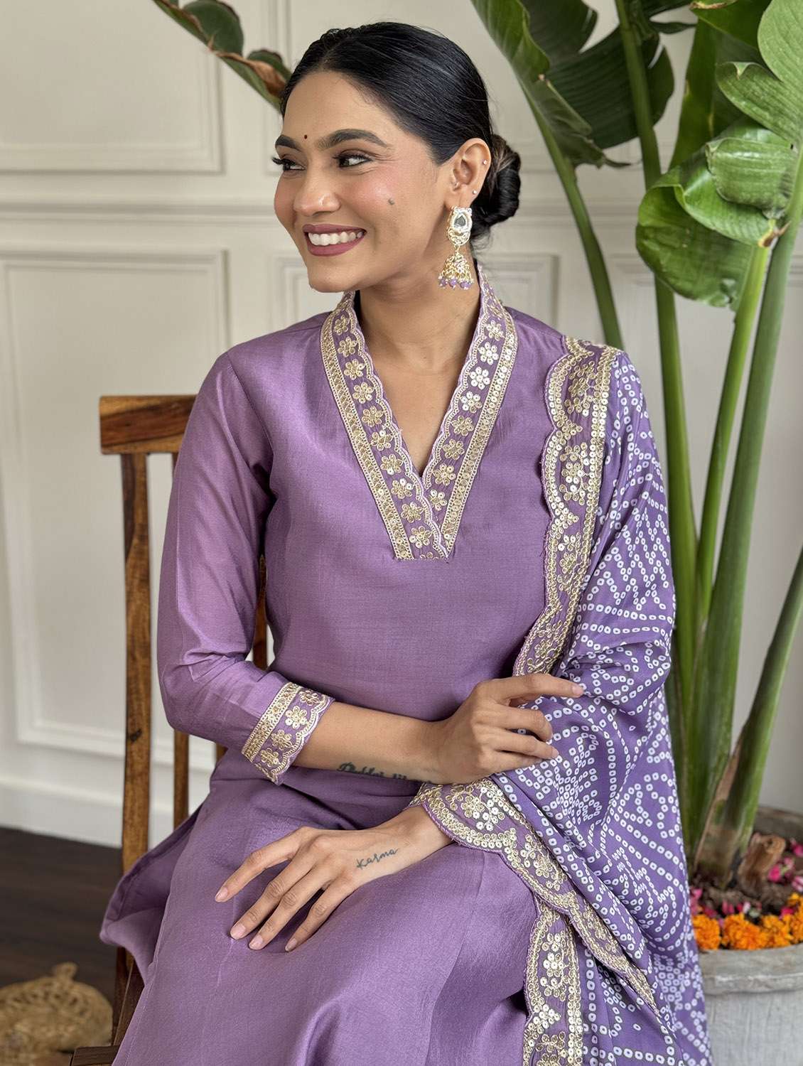 women solid with work three quarter sleeve kurta pant with dupatta set - 22481731 -  Standard Image - 1