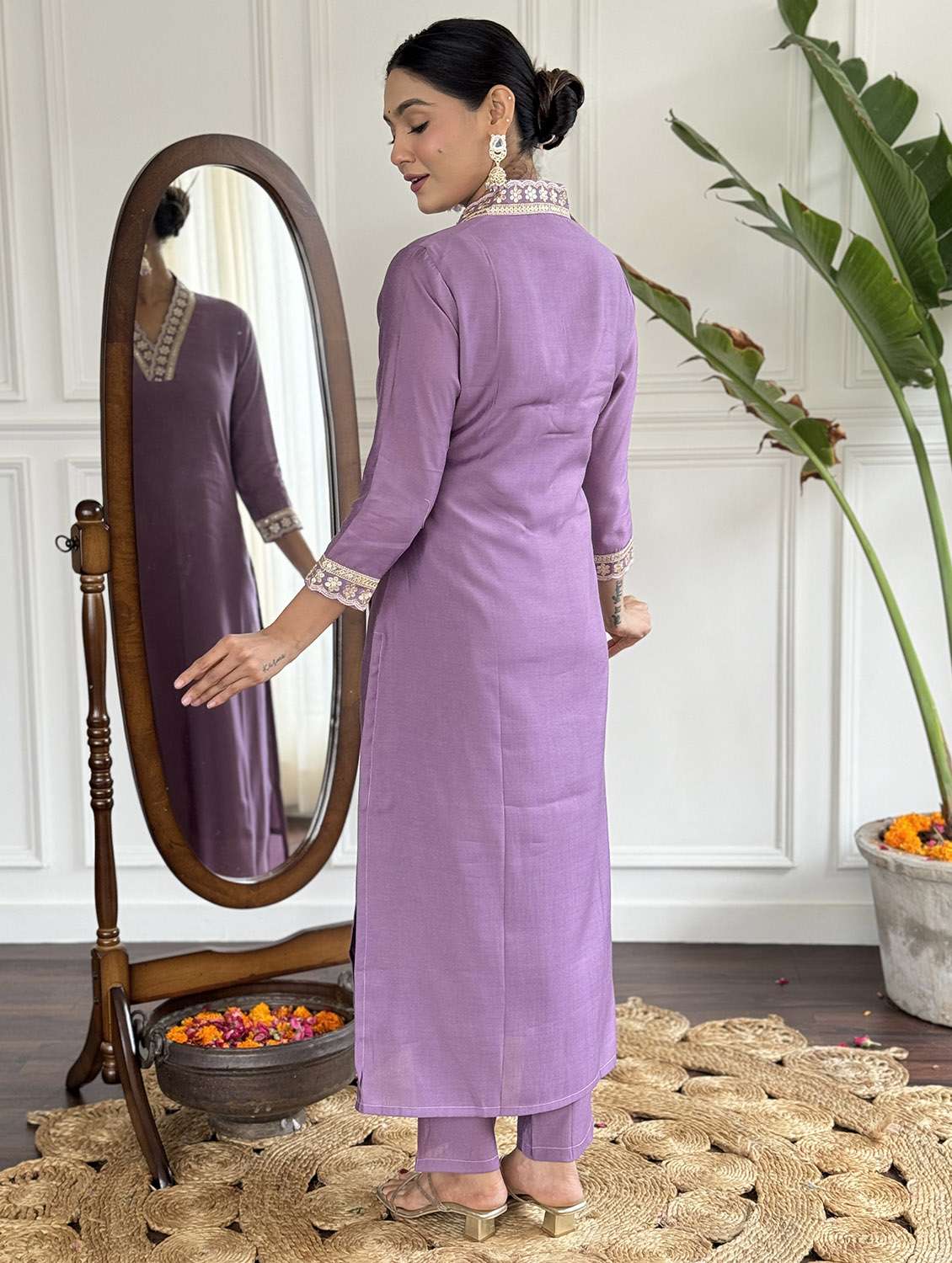 women solid with work three quarter sleeve kurta pant with dupatta set - 22481731 -  Standard Image - 4