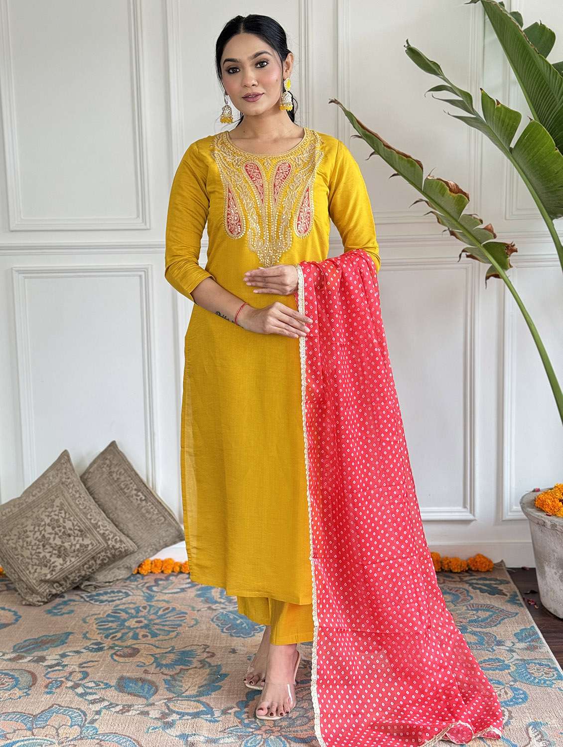 women solid with work three quarter sleeve kurta pant with dupatta set