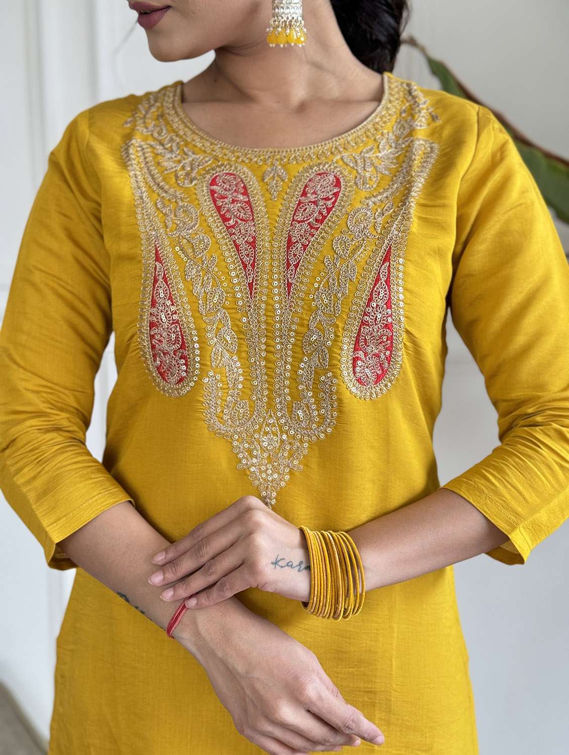 women solid with work three quarter sleeve kurta pant with dupatta set - 22481732 -  Standard Image - 1