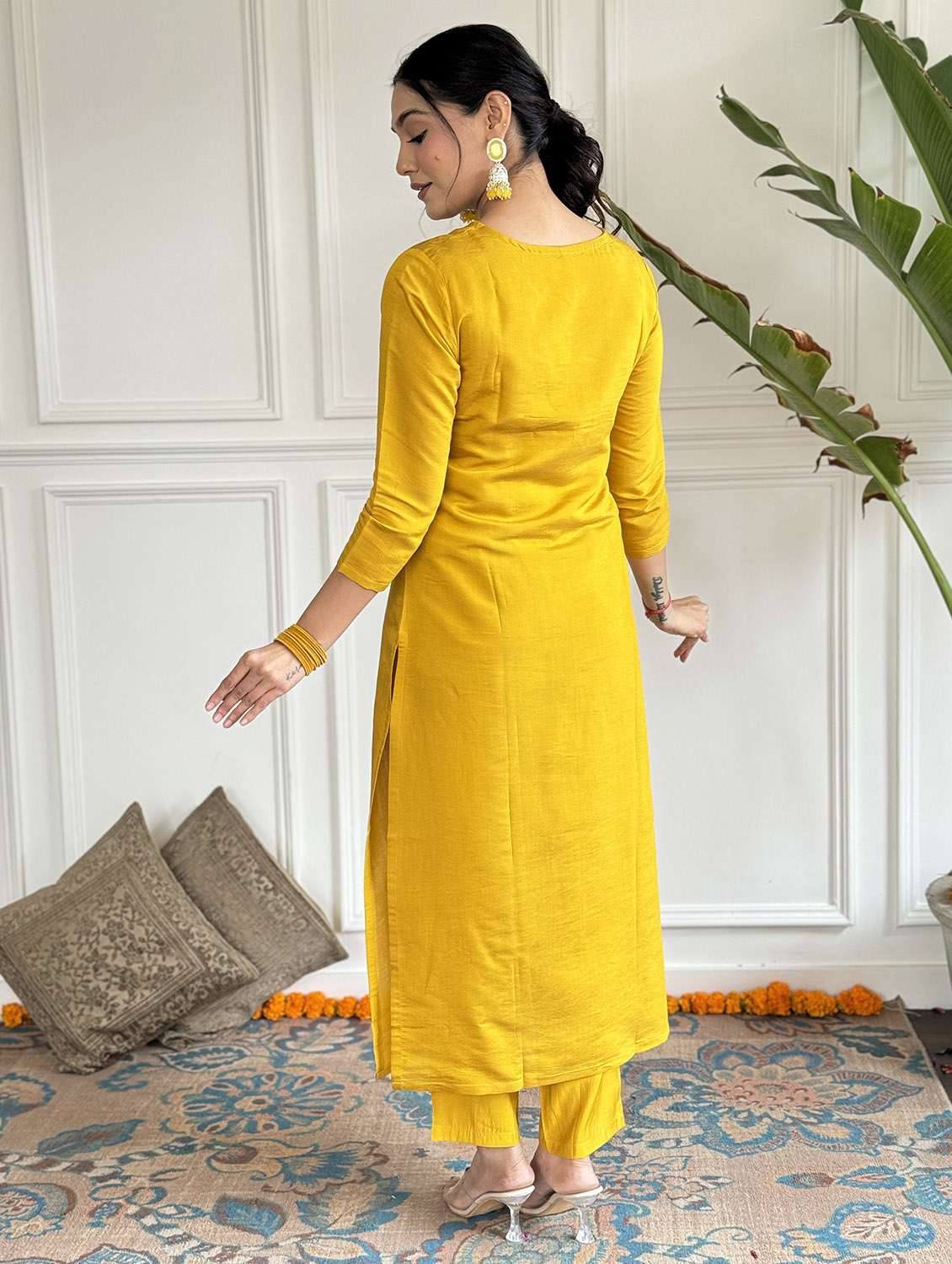 women solid with work three quarter sleeve kurta pant with dupatta set - 22481732 -  Standard Image - 4