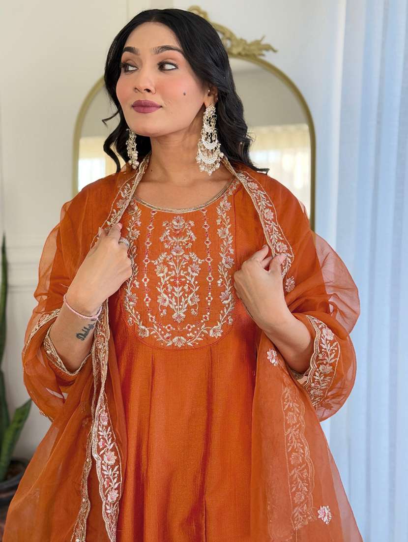 women solid with work three quarter sleeve kurta pant with dupatta set - 22481733 -  Standard Image - 1