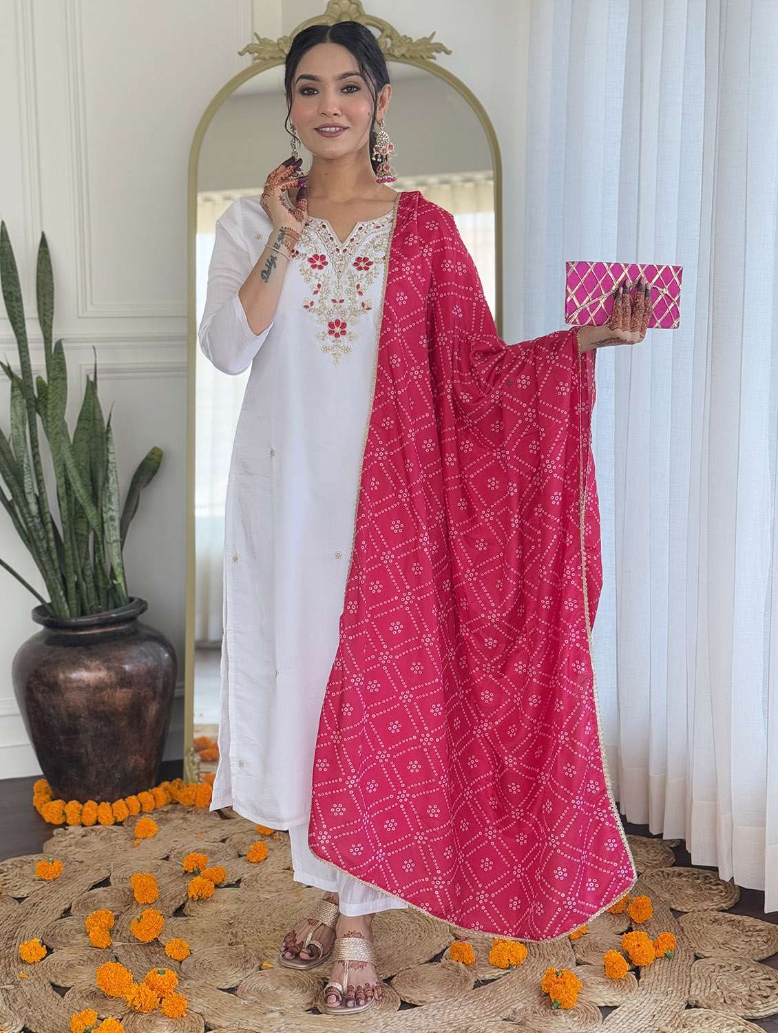 women solid with work three quarter sleeve kurta pant with dupatta set