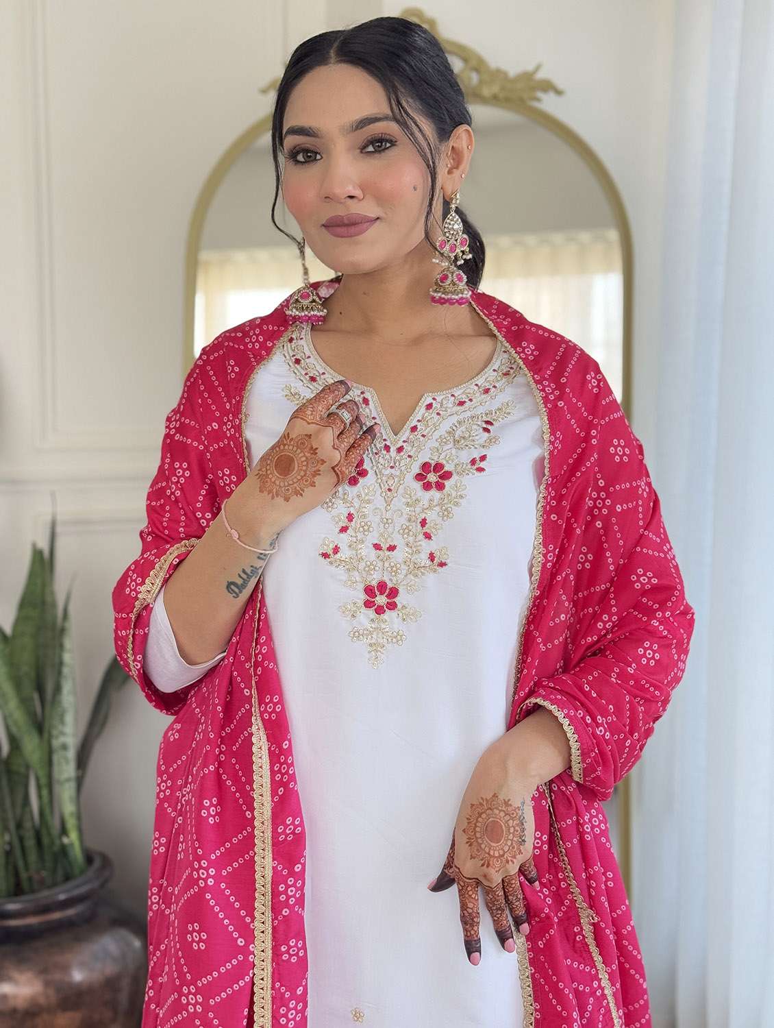 women solid with work three quarter sleeve kurta pant with dupatta set - 22481735 -  Standard Image - 1