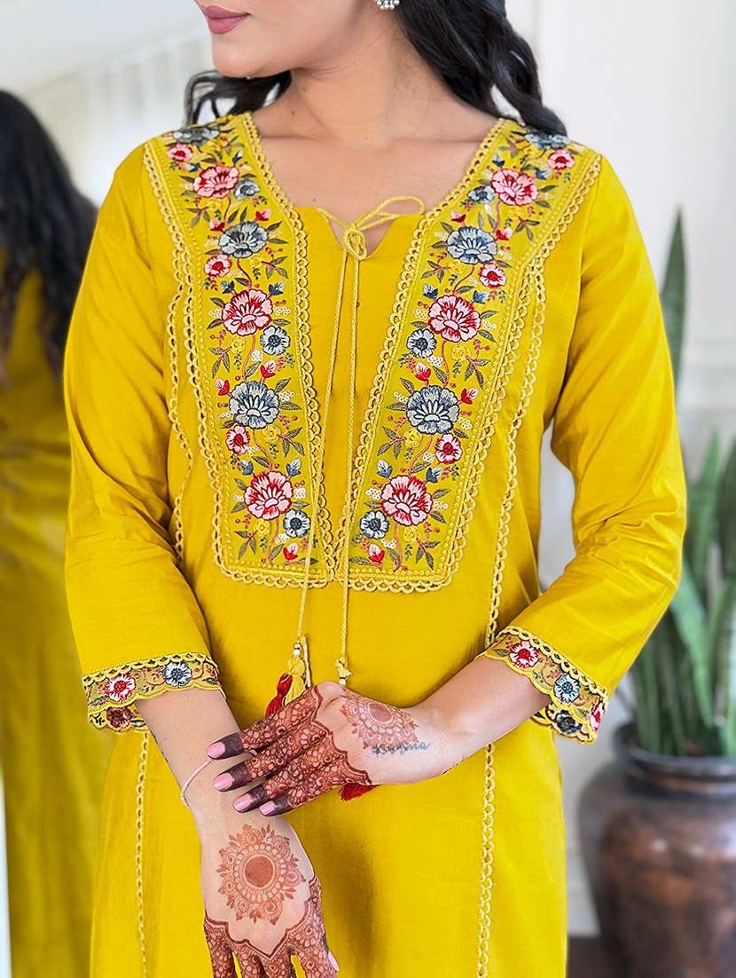 women solid with work three quarter sleeve kurta pant with dupatta set - 22481736 -  Standard Image - 1