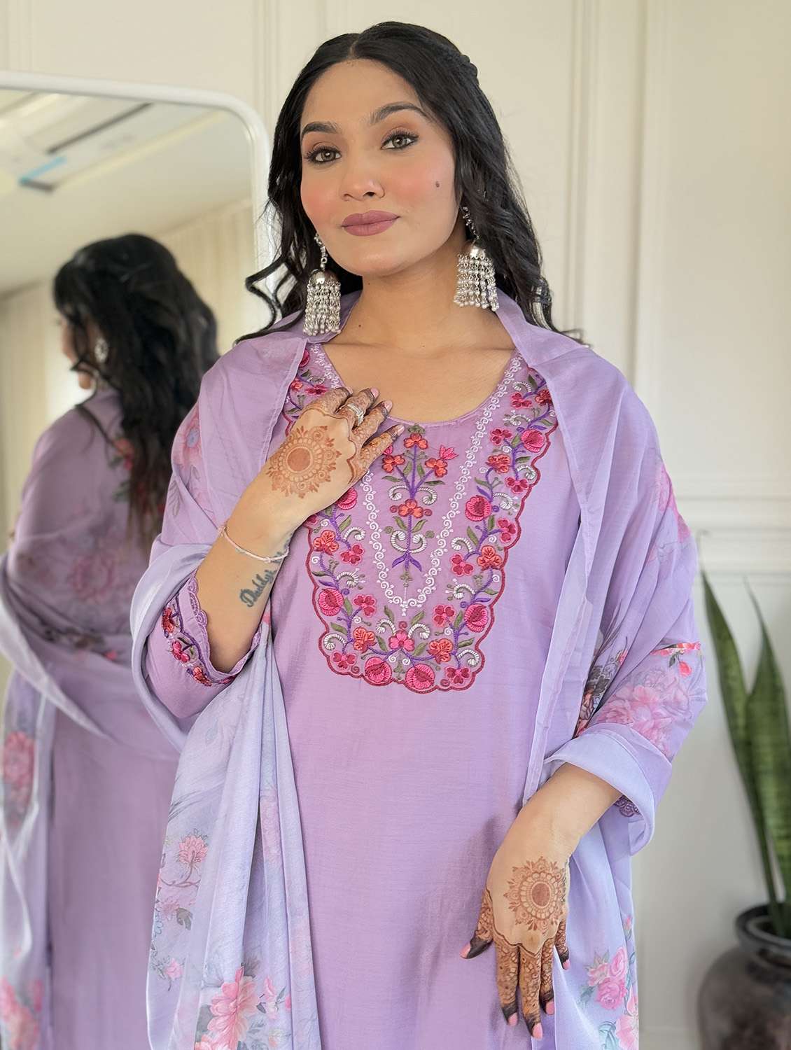 women solid with work three quarter sleeve kurta pant with dupatta set - 22481737 -  Standard Image - 1