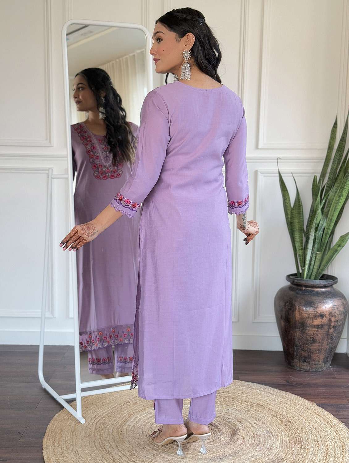 women solid with work three quarter sleeve kurta pant with dupatta set - 22481737 -  Standard Image - 4