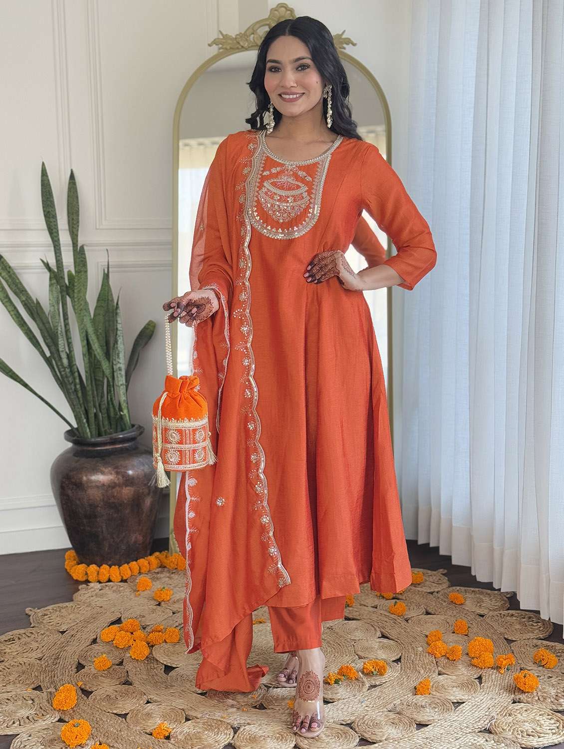 women solid with work three quarter sleeve kurta pant with dupatta set