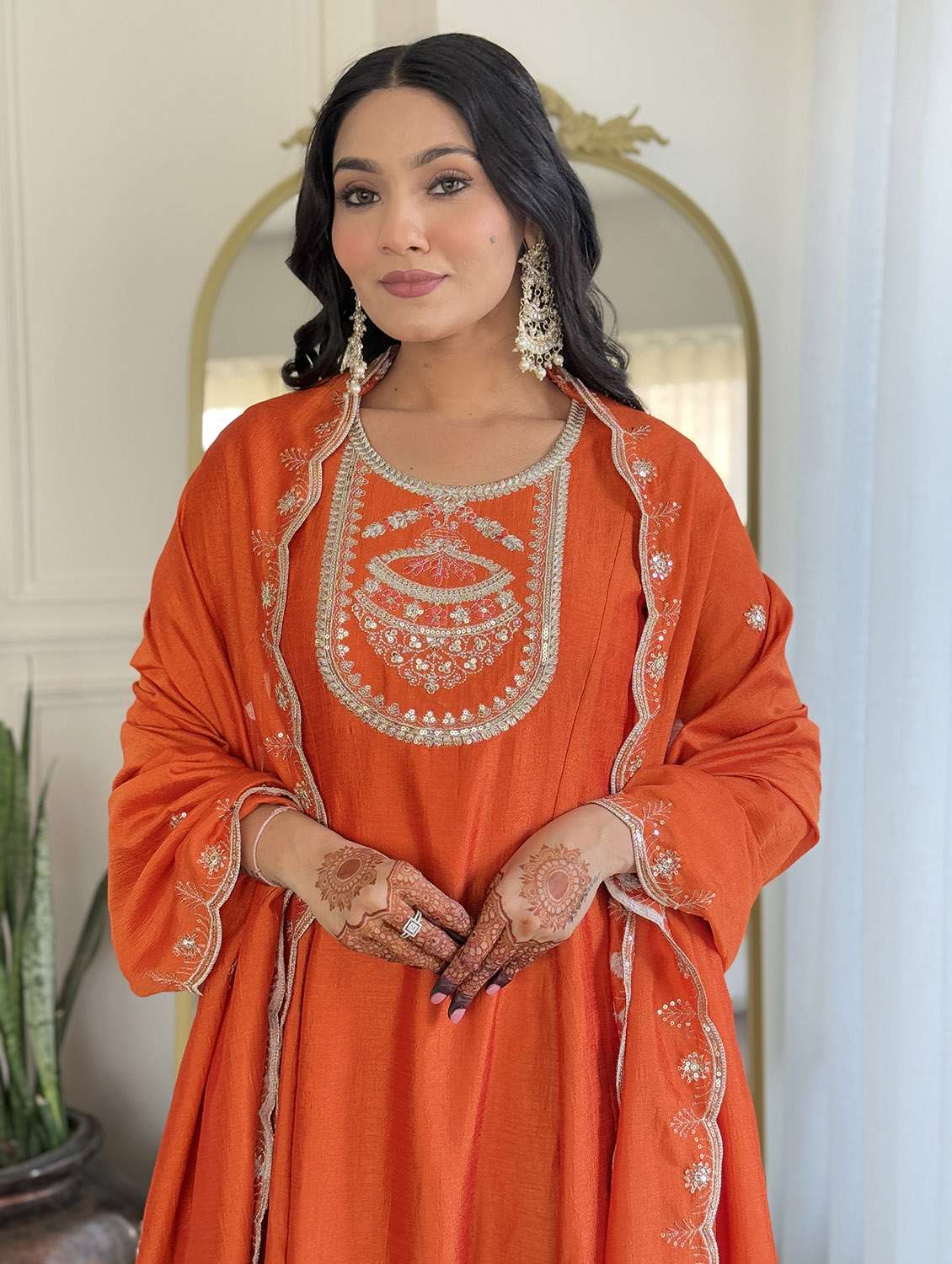 women solid with work three quarter sleeve kurta pant with dupatta set - 22481738 -  Standard Image - 1