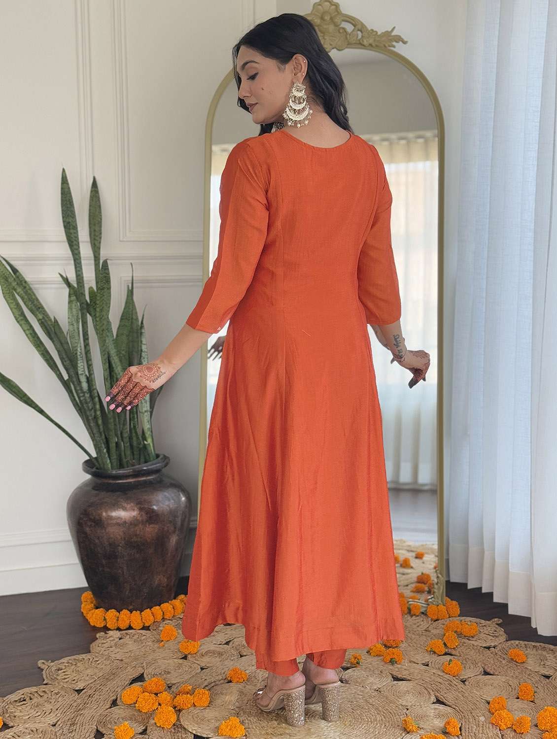 women solid with work three quarter sleeve kurta pant with dupatta set - 22481738 -  Standard Image - 4