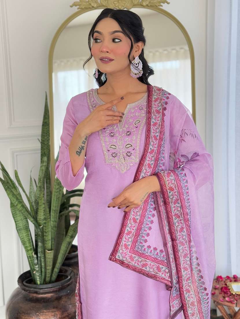 women solid with work three quarter sleeve kurta pant with dupatta set - 22481740 -  Standard Image - 1