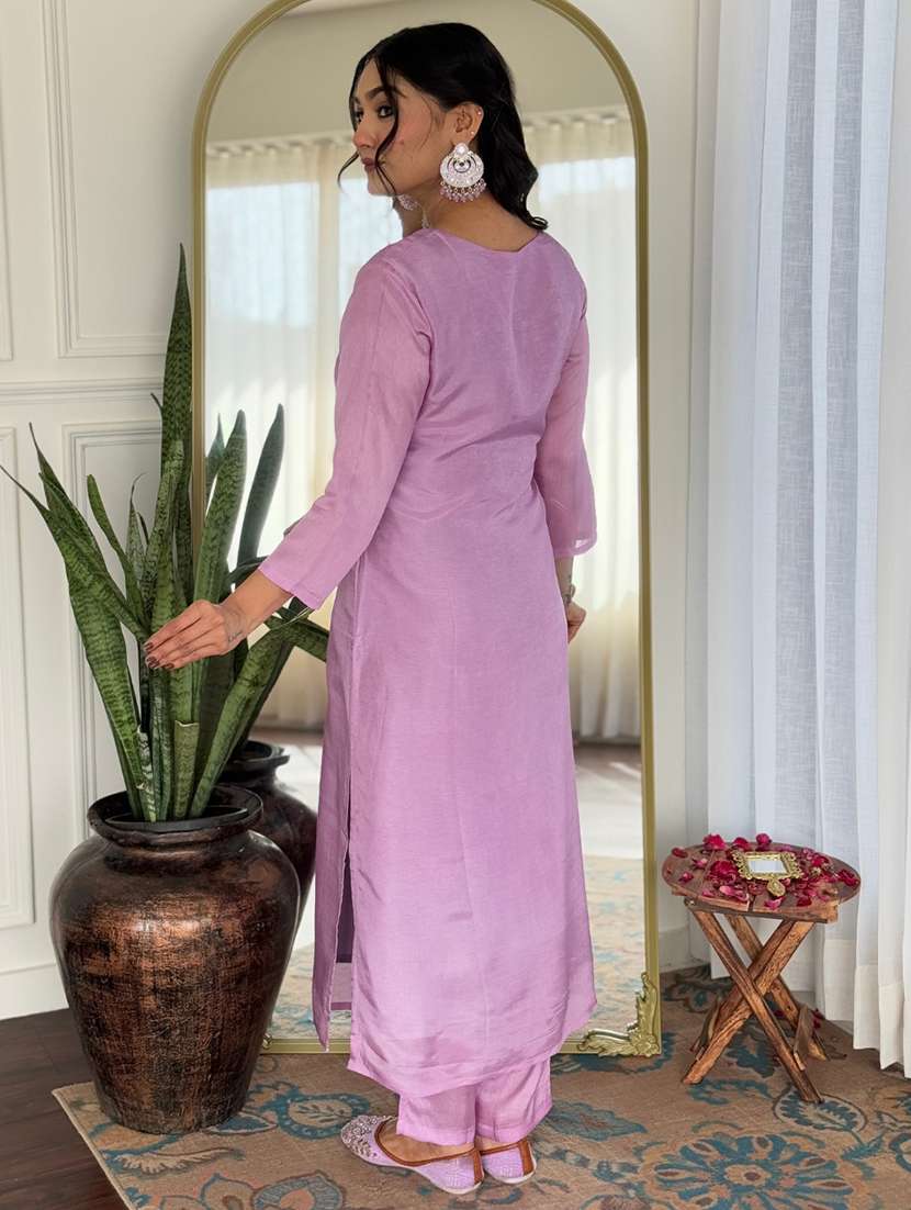 women solid with work three quarter sleeve kurta pant with dupatta set - 22481740 -  Standard Image - 4