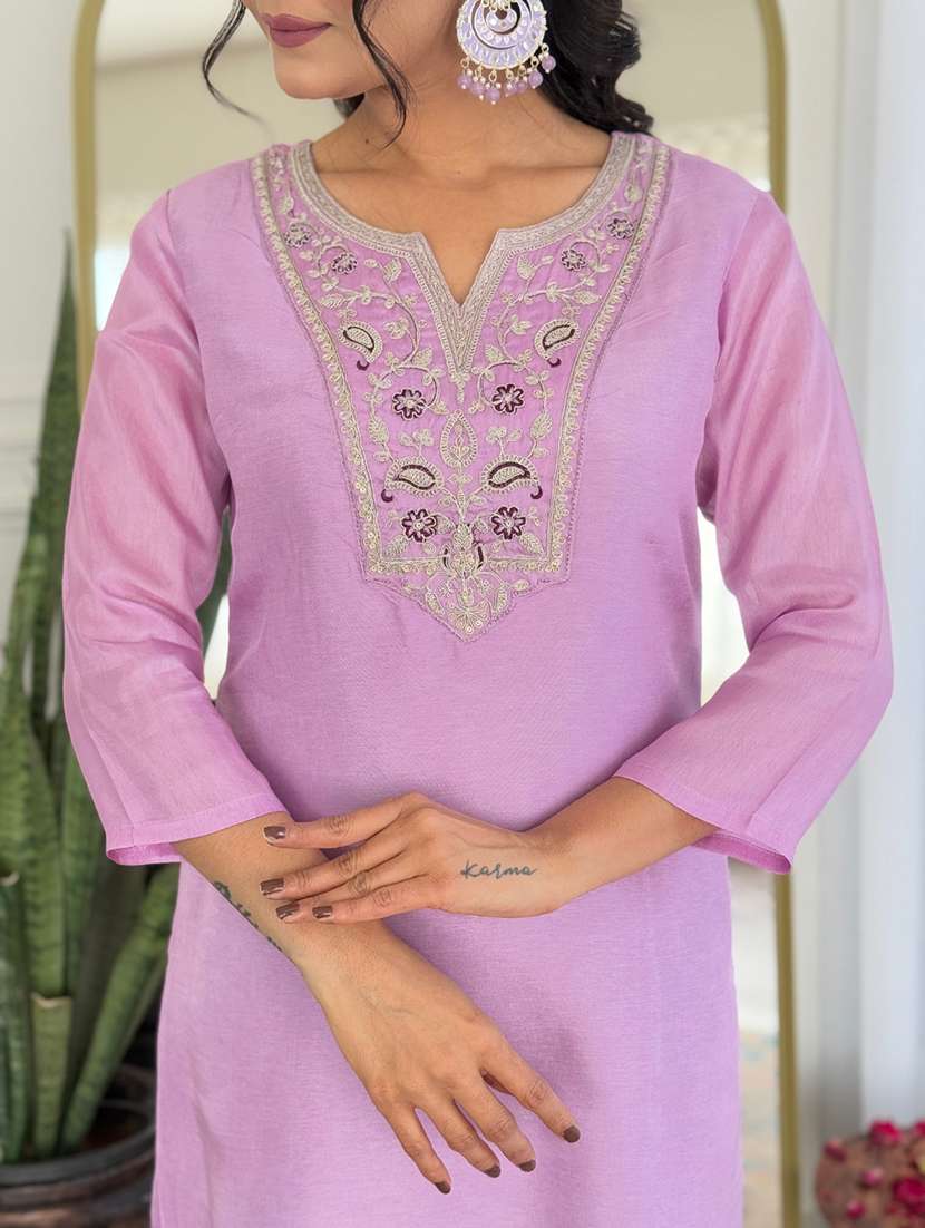 women solid with work three quarter sleeve kurta pant with dupatta set - 22481740 -  Standard Image - 6