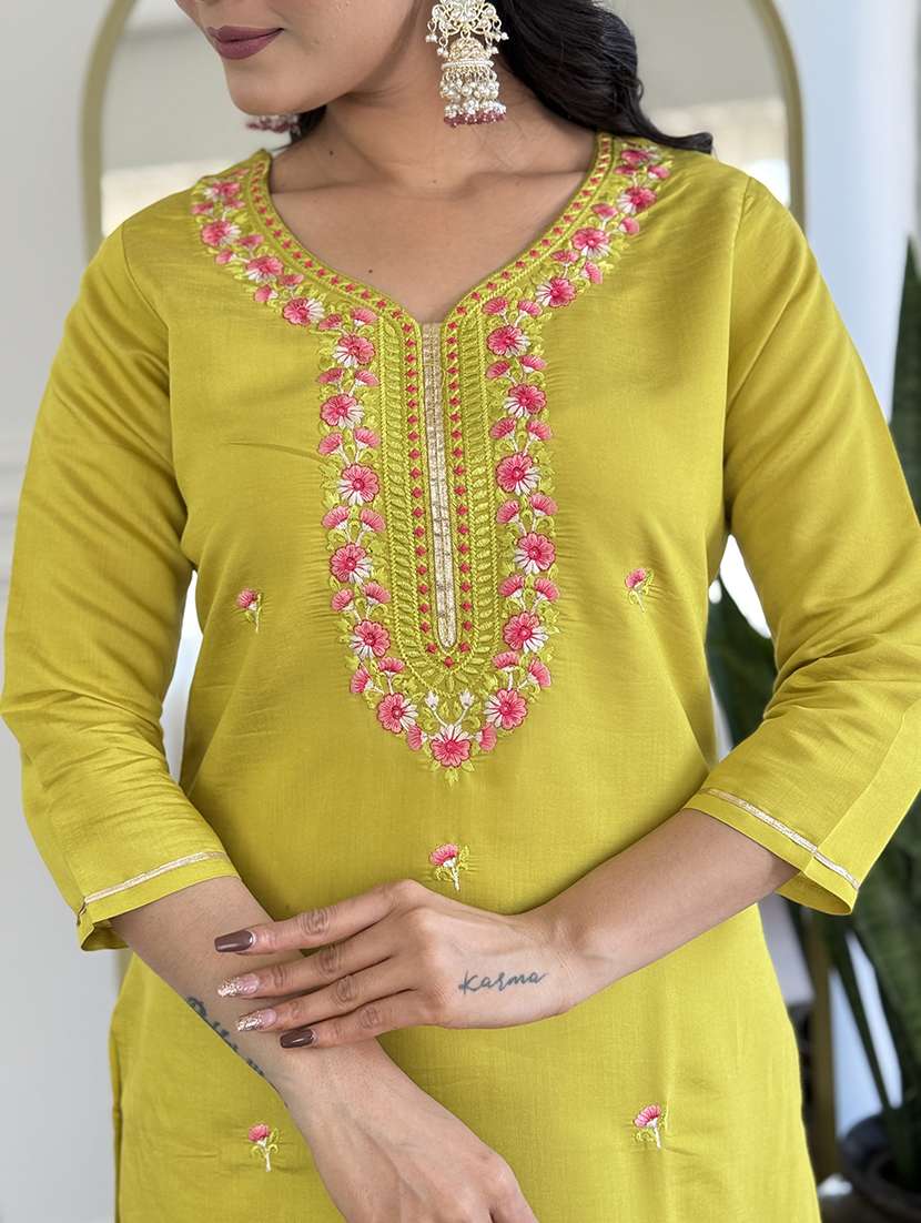 women solid with work three quarter sleeve kurta pant with dupatta set - 22481741 -  Standard Image - 1