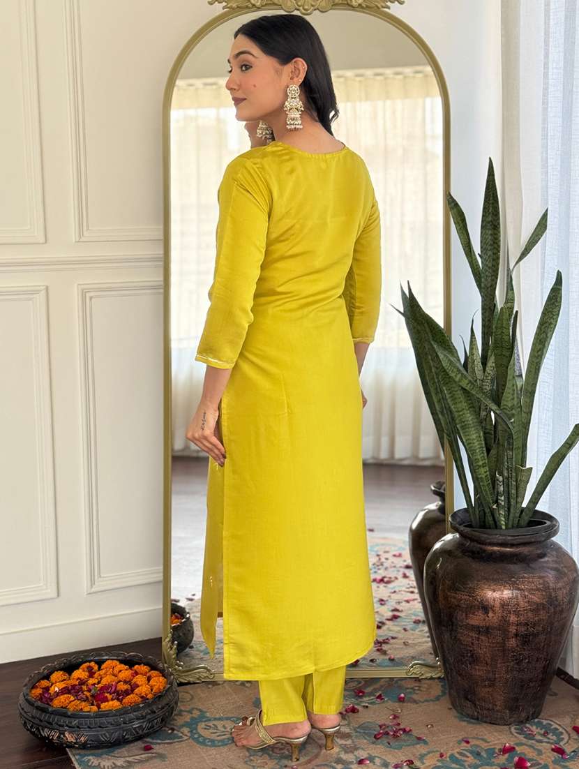 women solid with work three quarter sleeve kurta pant with dupatta set - 22481741 -  Standard Image - 4