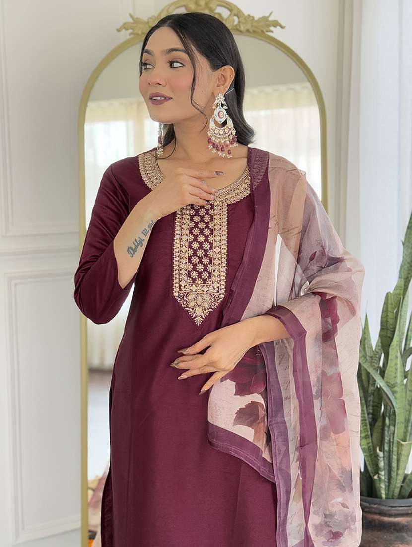 women solid with work three quarter sleeve kurta pant with dupatta set - 22481742 -  Standard Image - 1