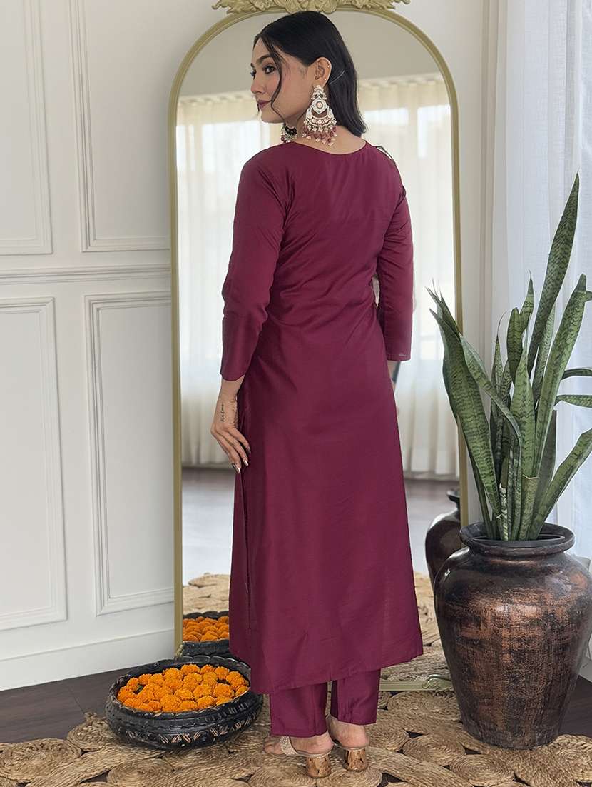 women solid with work three quarter sleeve kurta pant with dupatta set - 22481742 -  Standard Image - 4