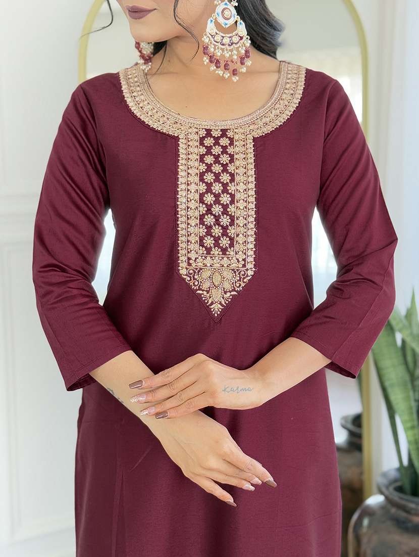 women solid with work three quarter sleeve kurta pant with dupatta set - 22481742 -  Standard Image - 6