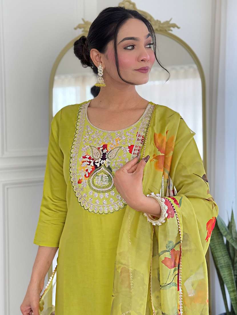 women solid with work three quarter sleeve kurta pant with dupatta set - 22481743 -  Standard Image - 1