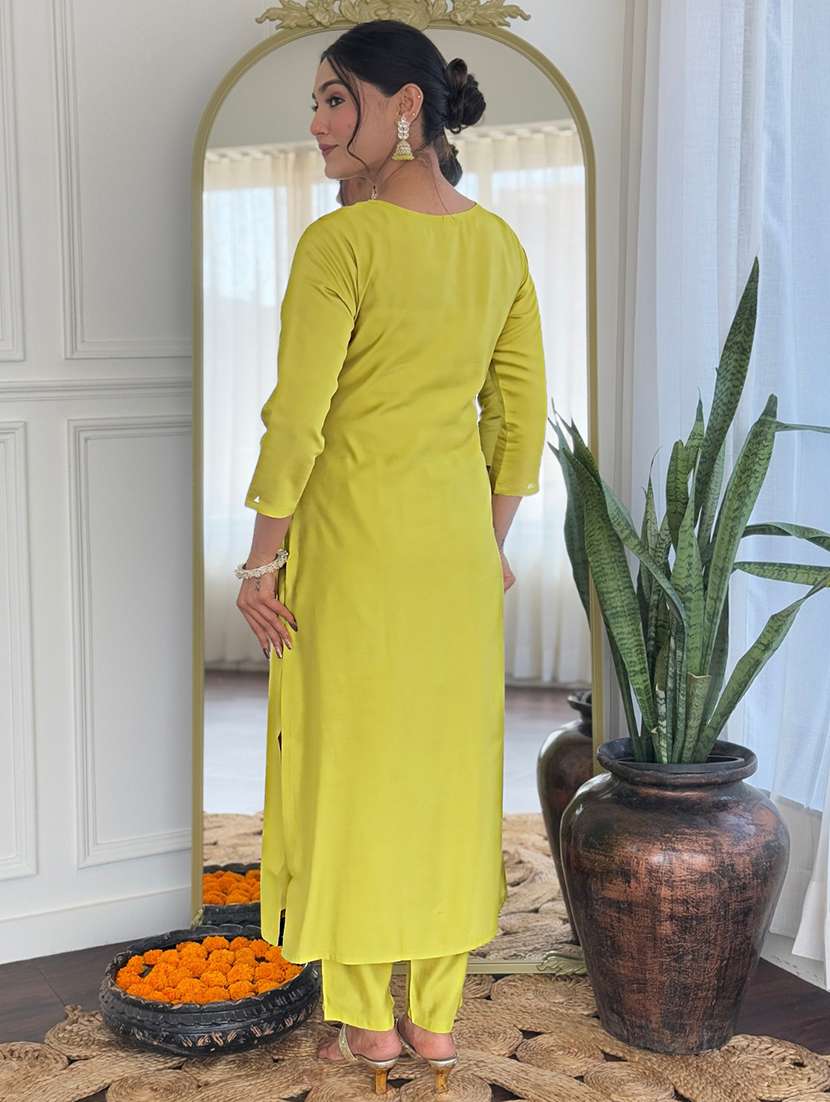 women solid with work three quarter sleeve kurta pant with dupatta set - 22481743 -  Standard Image - 4