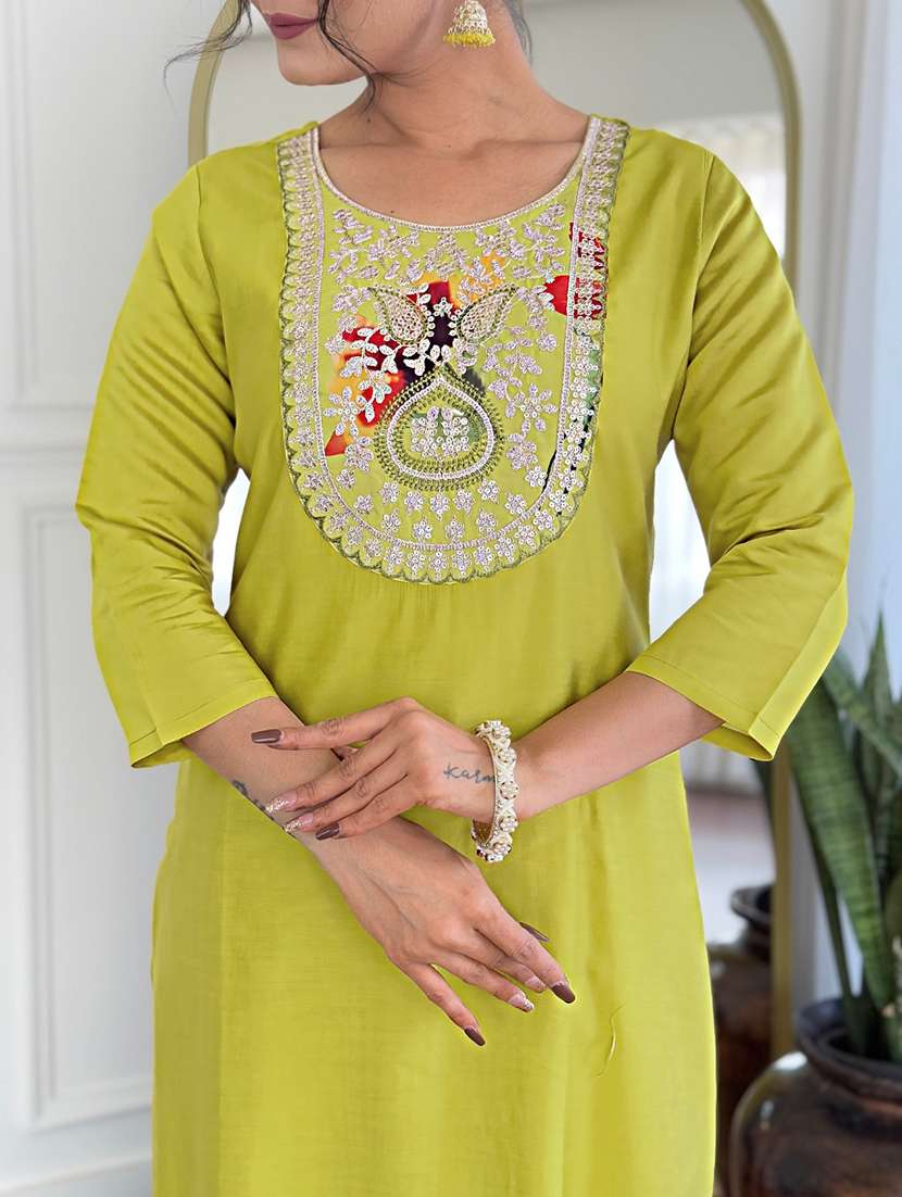 women solid with work three quarter sleeve kurta pant with dupatta set - 22481743 -  Standard Image - 6