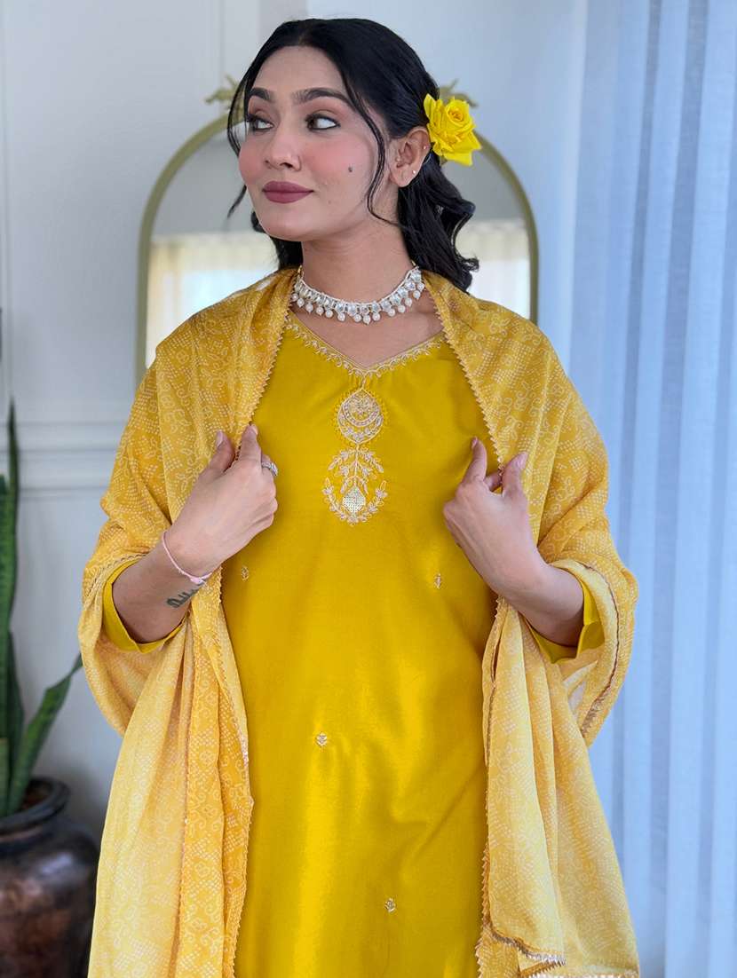 women solid with work three quarter sleeve kurta pant with dupatta set - 22481745 -  Standard Image - 1