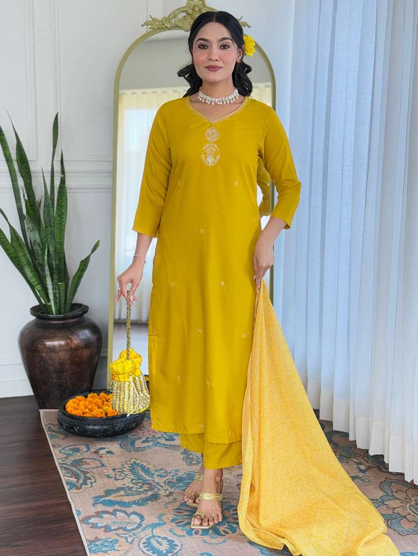 women solid with work three quarter sleeve kurta pant with dupatta set - 22481745 -  Standard Image - 4