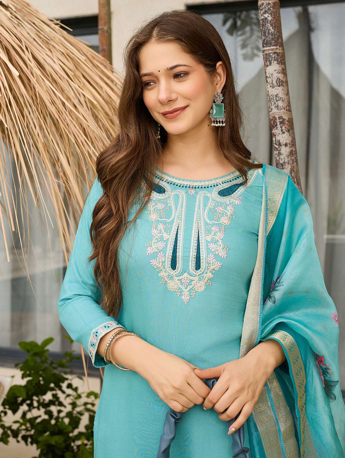women solid with work three quarter sleeve kurta pant with dupatta set - 22481747 -  Standard Image - 1