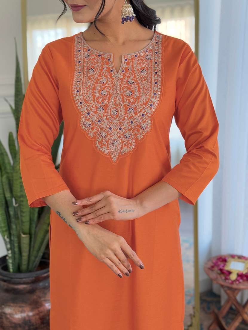women solid with work three quarter sleeve kurta pant with dupatta set - 22481748 -  Standard Image - 1