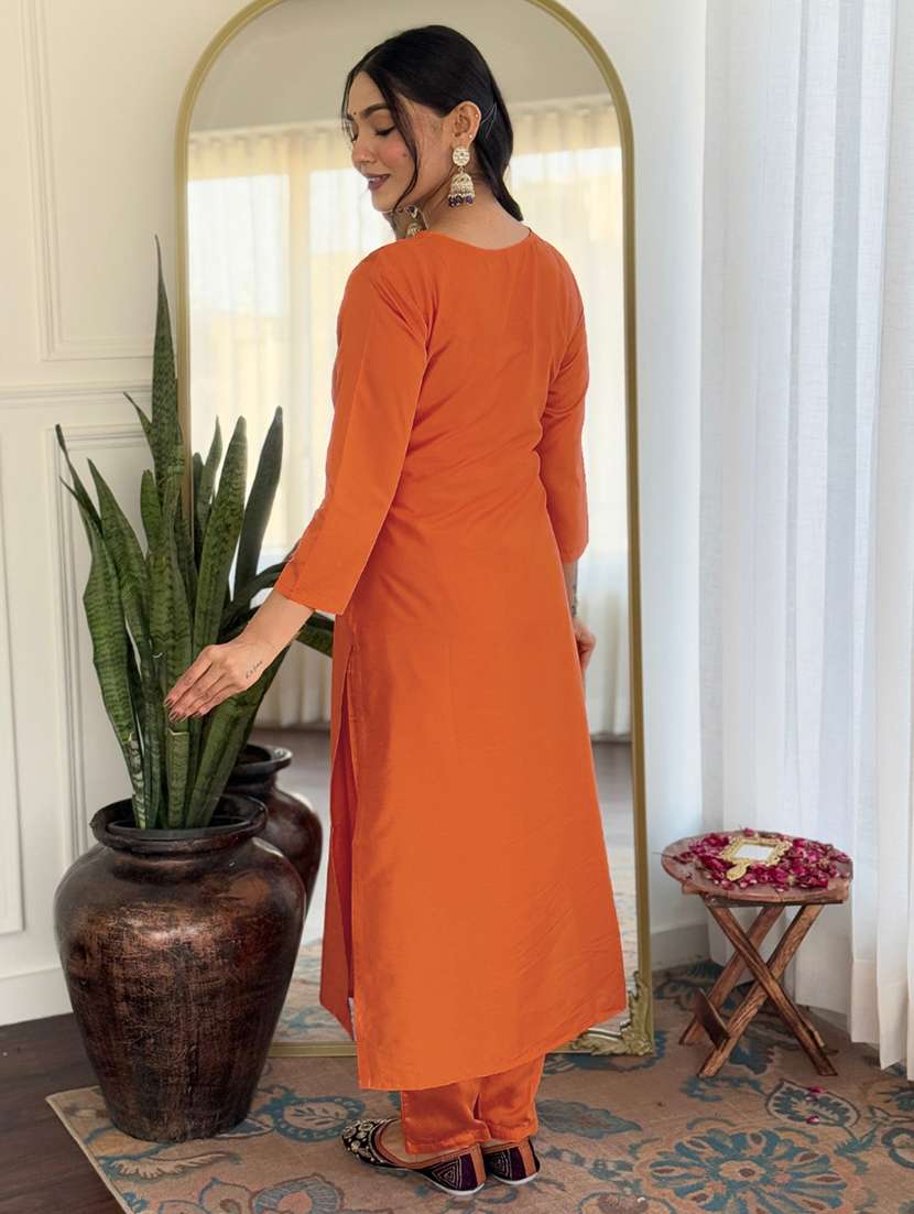 women solid with work three quarter sleeve kurta pant with dupatta set - 22481748 -  Standard Image - 4