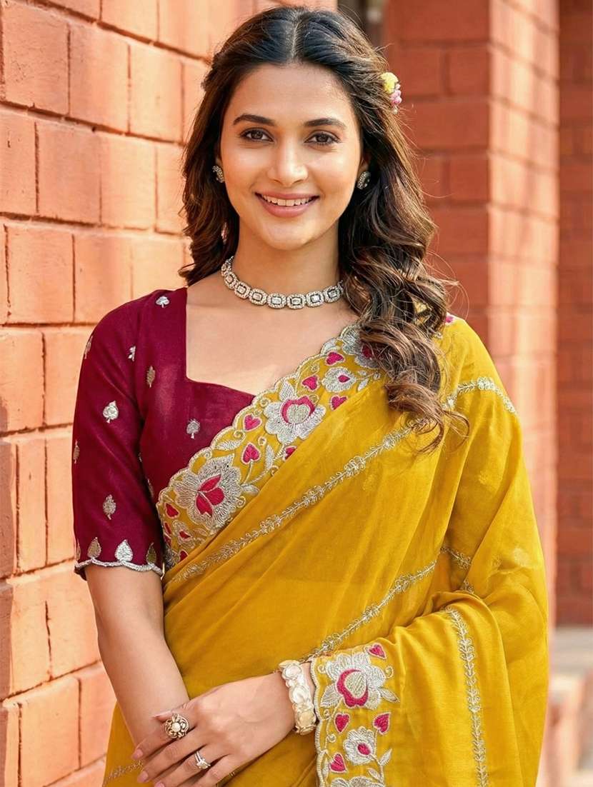 women solid with work embroidered saree with blouse - 22481764 -  Standard Image - 1