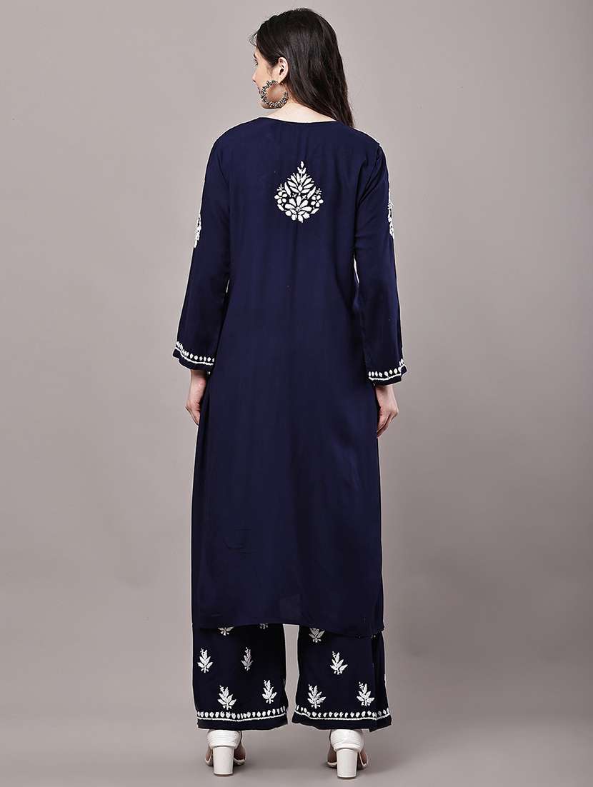 women solid with work long sleeve kurta palazzo set - 22485895 -  Standard Image - 4