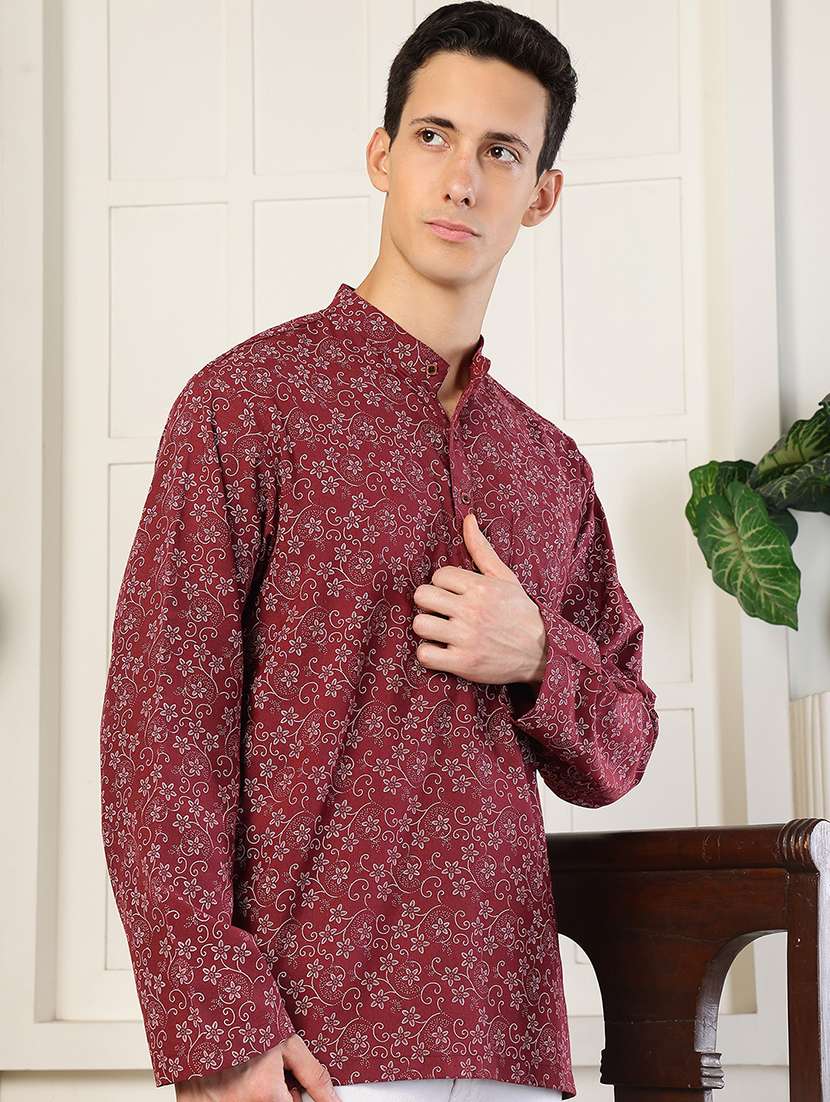 men floral printed mandarin neck short kurta - 22485920 -  Standard Image - 1