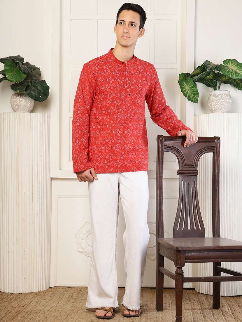 men floral printed mandarin neck short kurta - 22485924 -  Standard Image - 6