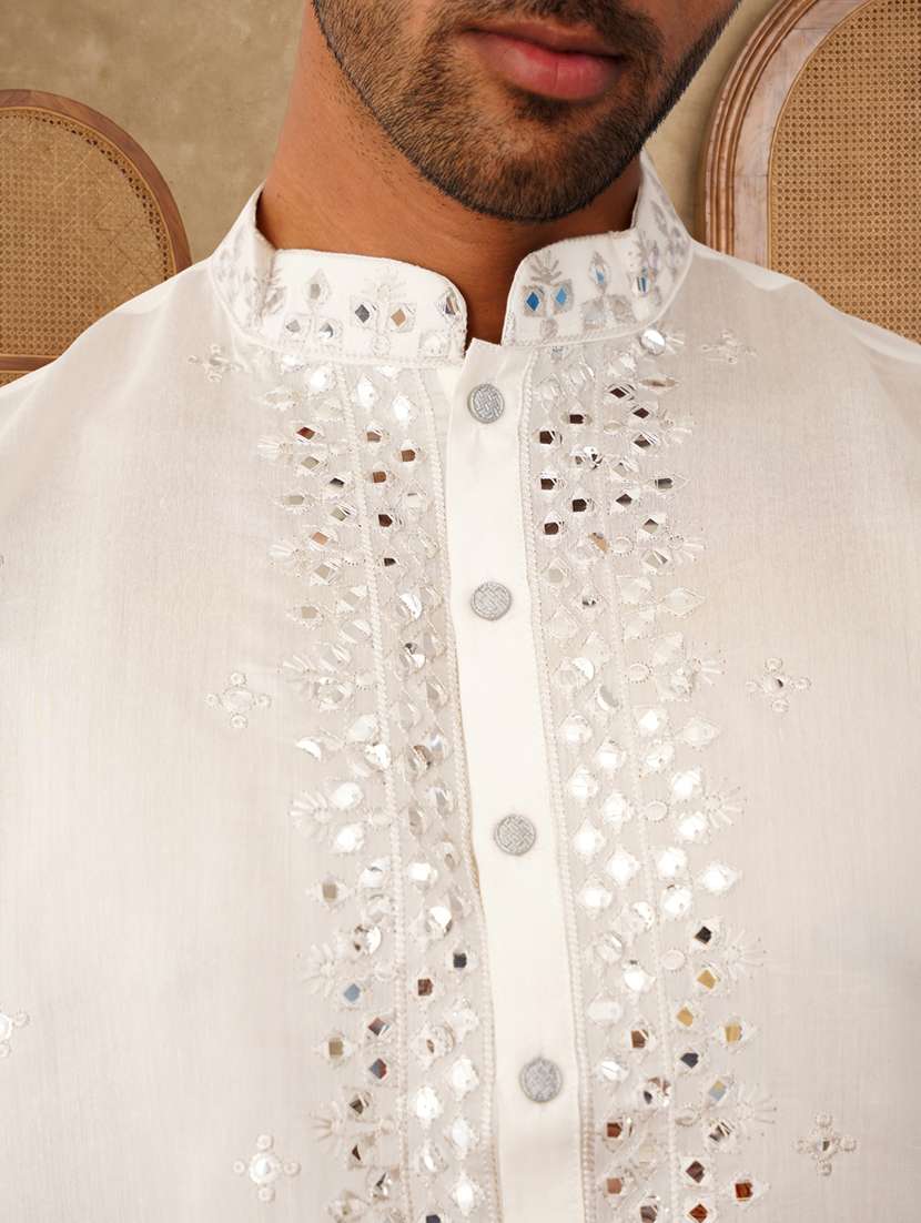 men solid with work mandarin neck kurta pyjama set - 22486267 -  Standard Image - 4