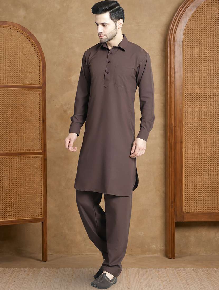 men solid long sleeve pathani ethnic wear set