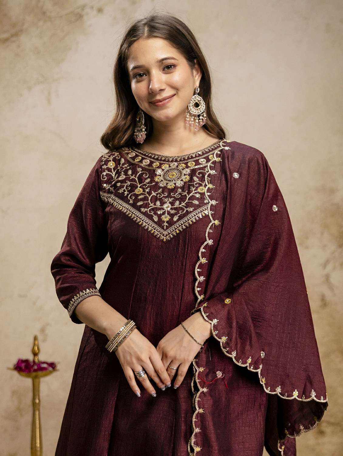 women solid with work three quarter sleeve kurta pant with dupatta set - 22486295 -  Standard Image - 1
