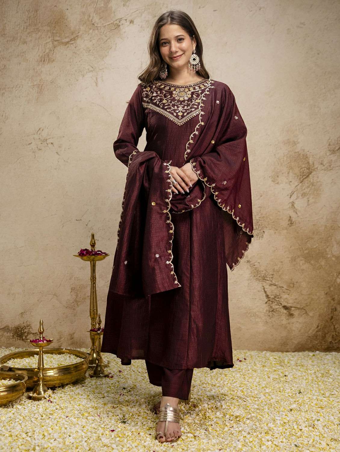 women solid with work three quarter sleeve kurta pant with dupatta set - 22486295 -  Standard Image - 4
