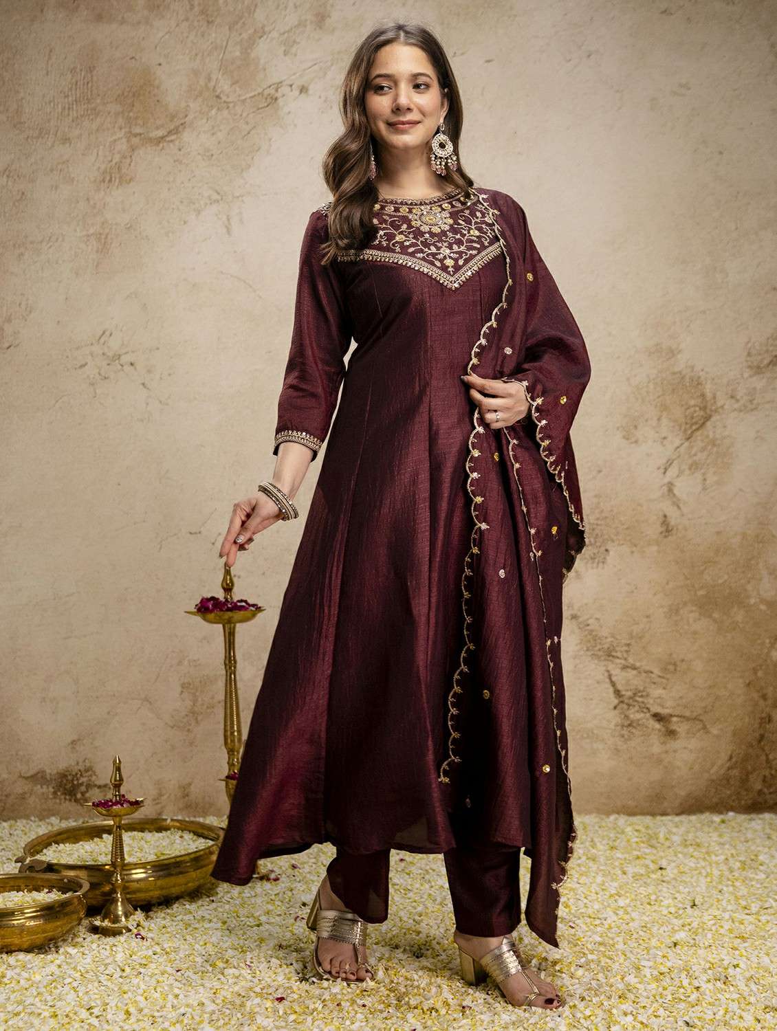 women solid with work three quarter sleeve kurta pant with dupatta set - 22486295 -  Standard Image - 6