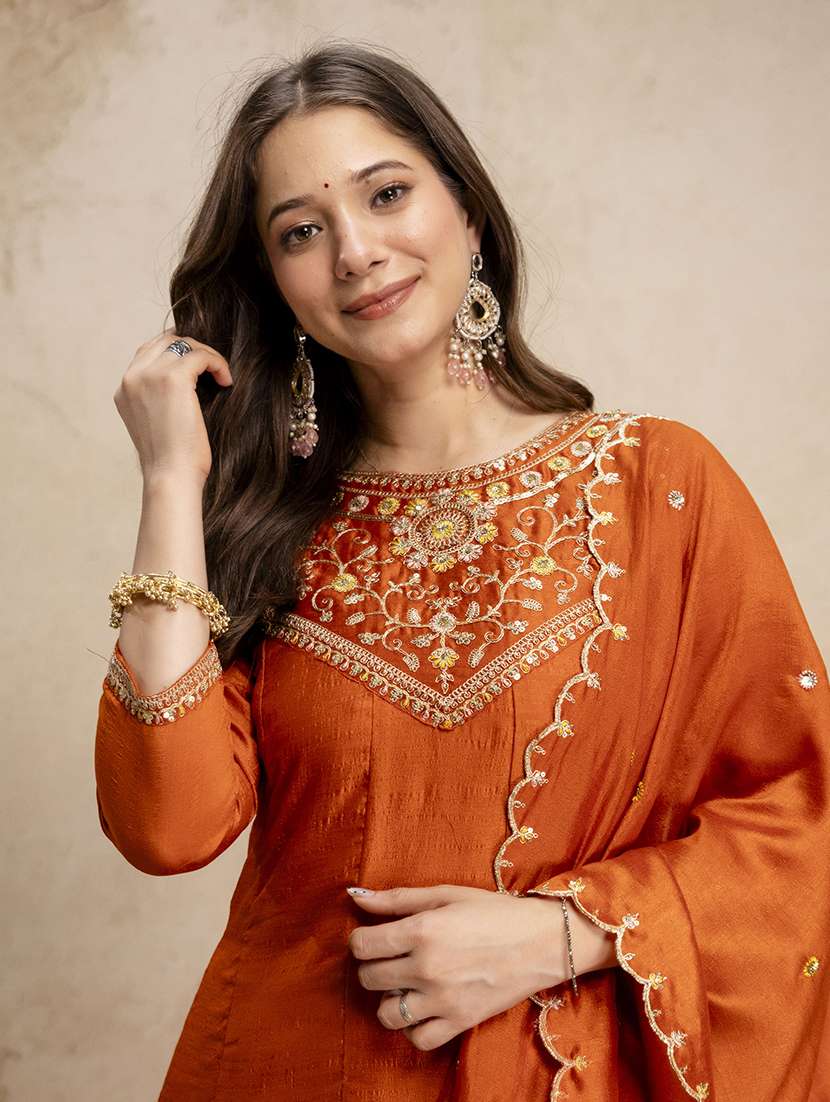 women solid with work three quarter sleeve kurta pant with dupatta set - 22486297 -  Standard Image - 1