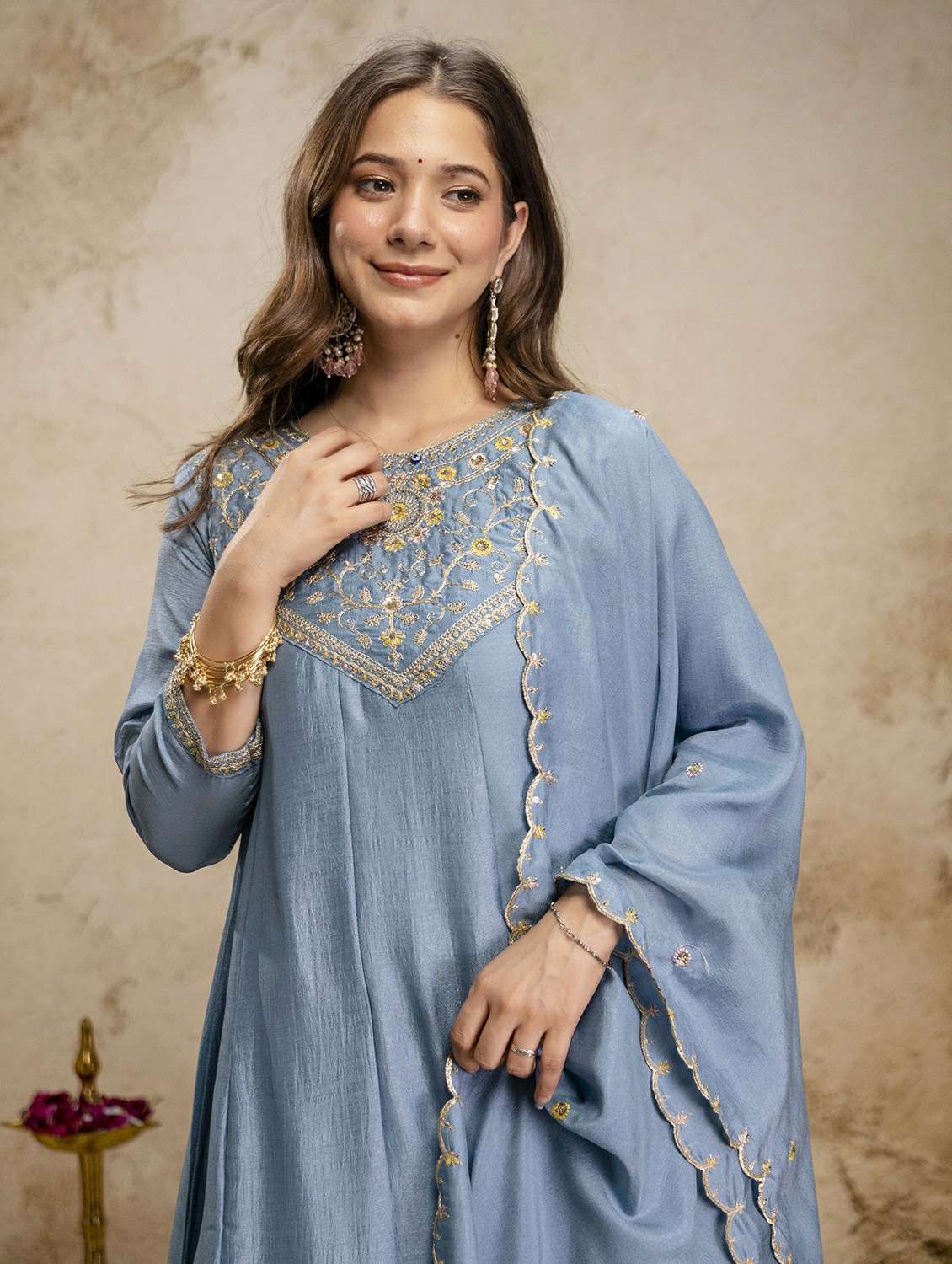 women solid with work three quarter sleeve kurta pant with dupatta set - 22486298 -  Standard Image - 1
