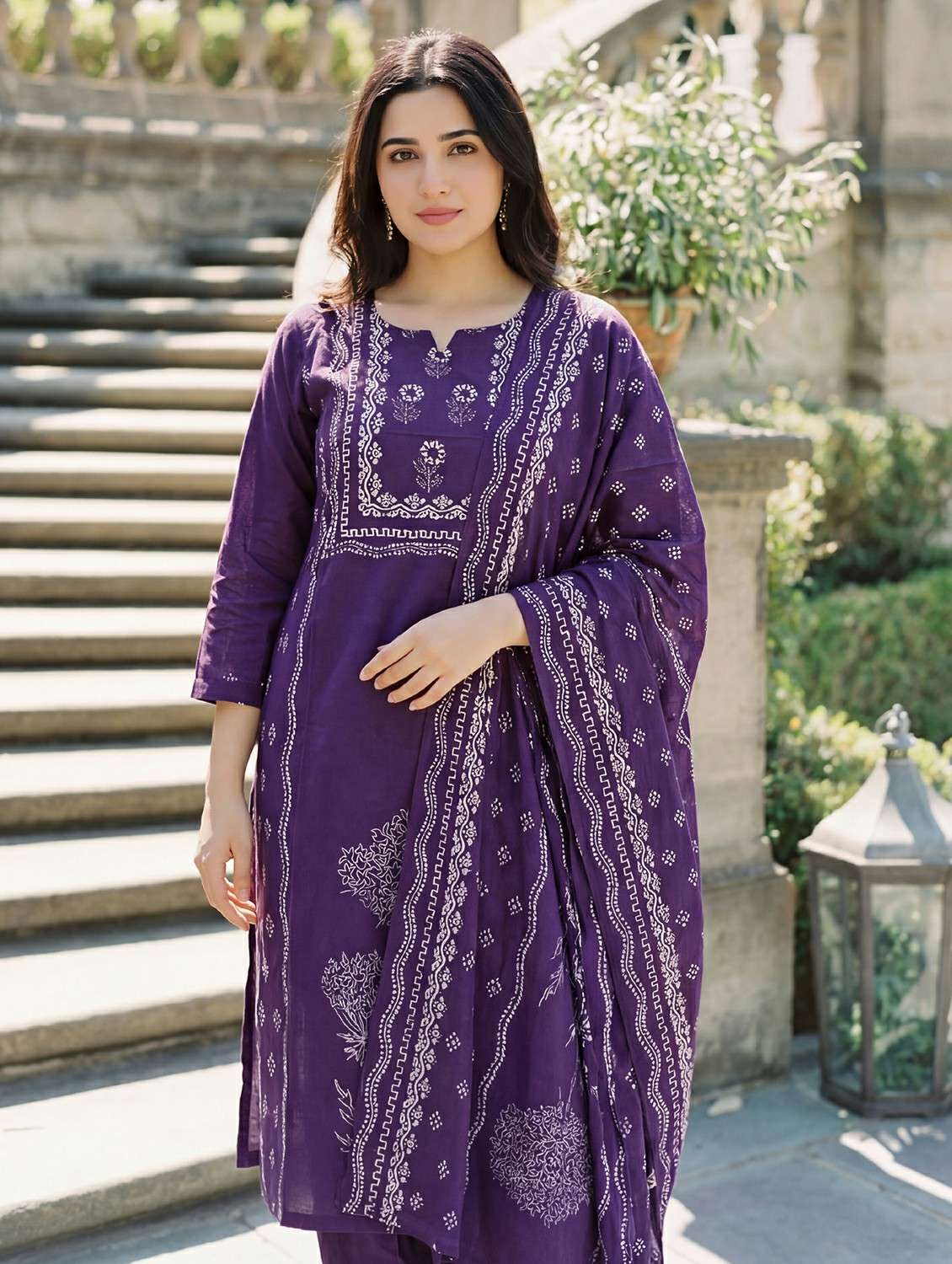 women printed notch neck kurta and pant set with dupatta - 22486306 -  Standard Image - 1