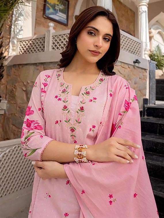 women solid with work three quarter sleeve kurta pant with dupatta set - 22486308 -  Standard Image - 1