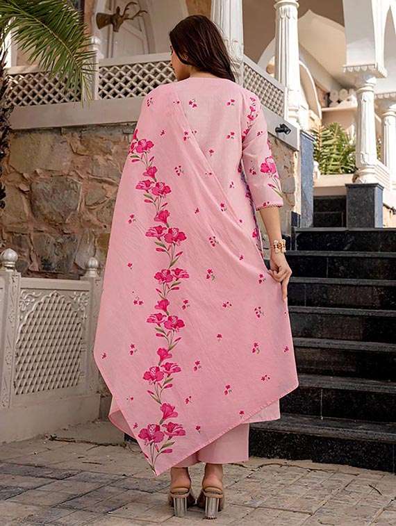 women solid with work three quarter sleeve kurta pant with dupatta set - 22486308 -  Standard Image - 4
