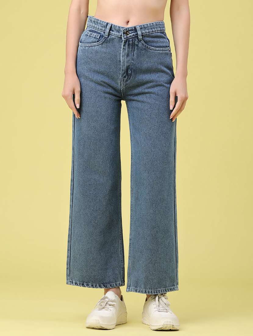 women solid high rise wide leg jeans