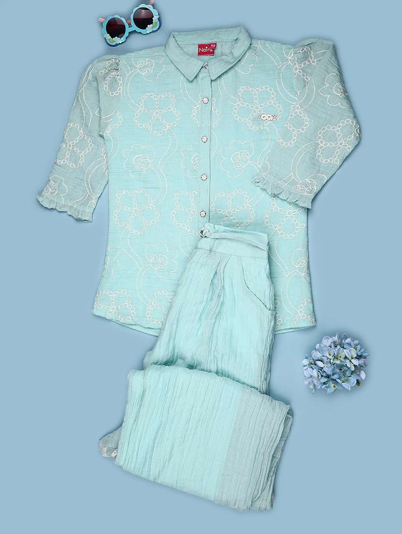 Girls Embroidered Three Quarter Sleeves Shirt And Trouser Co-ord Set - 22486574 -  Standard Image - 1