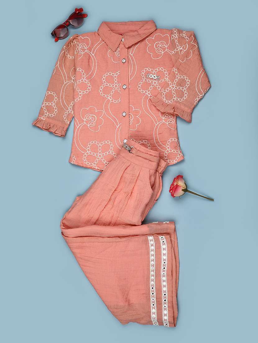 Girls Embroidered Three Quarter Sleeves Shirt And Trouser Co-ord Set - 22486575 -  Standard Image - 1