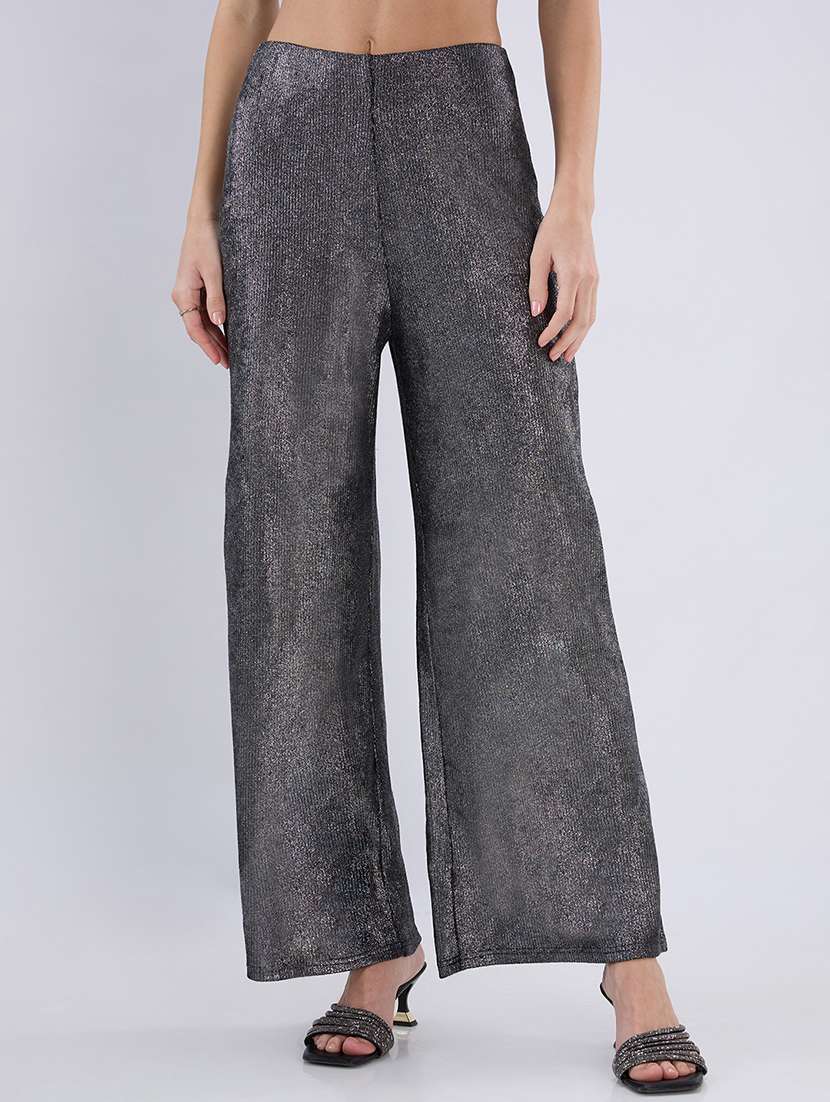 girls rise black polyester embellished flared trousers