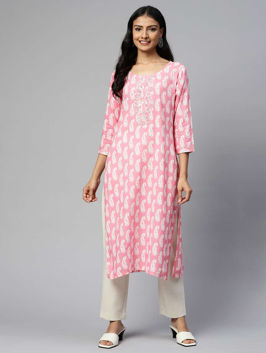 women printed three quarter sleeve straight kurta - 22486889 -  Standard Image - 1