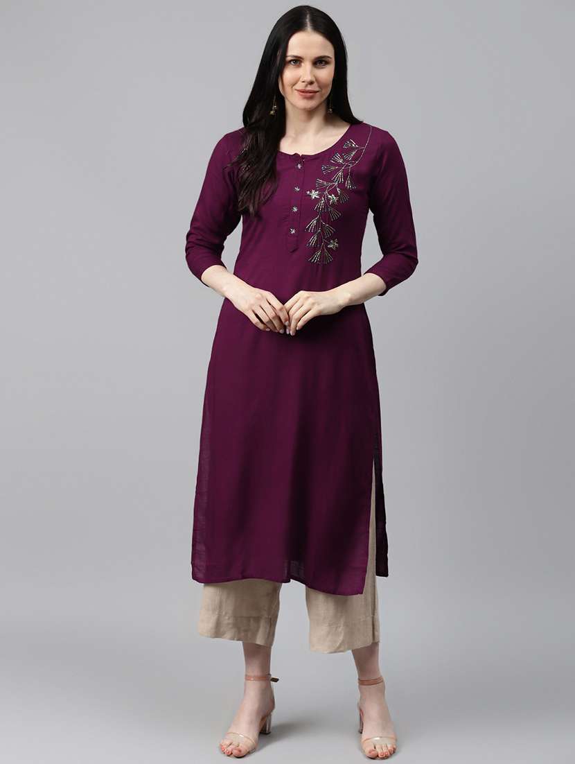 women solid with work three quarter sleeve straight kurta - 22486898 -  Standard Image - 1